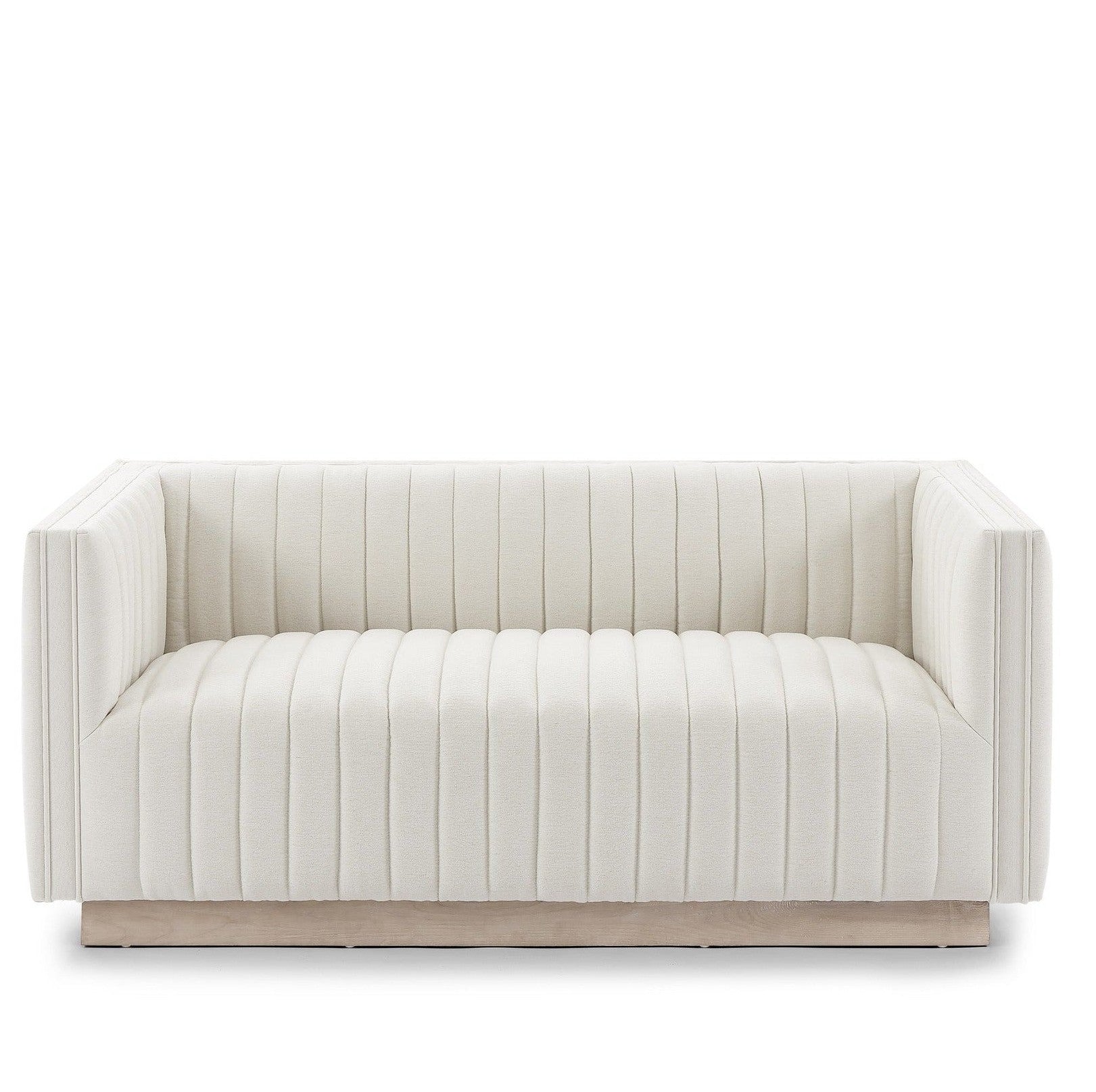 Front view of Fest mid-century modern loveseat in Tuscany cream bouclé fabric