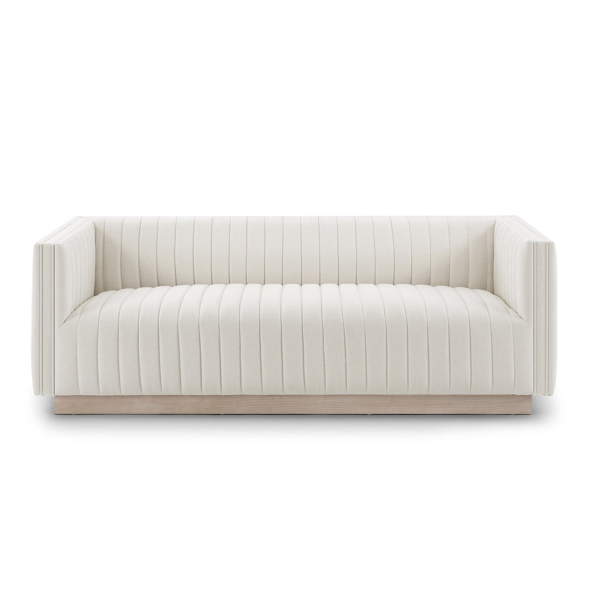 Fest Mid Century Sofa in Tuscany Cream fabric with white wash solid wood base, modern minimalist design