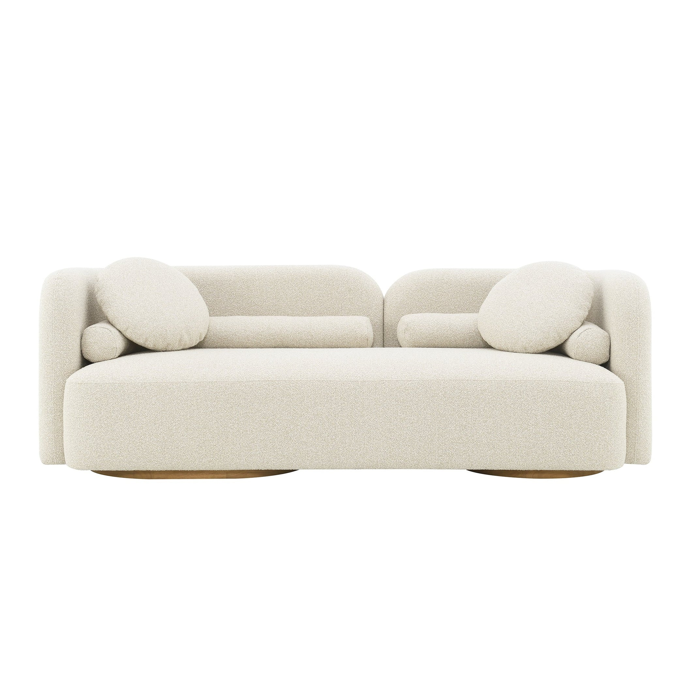 A modern cream-colored fabric sofa with rounded, bubble-like arms and matching round back cushions, shown from a straight-on perspective against a solid white background.