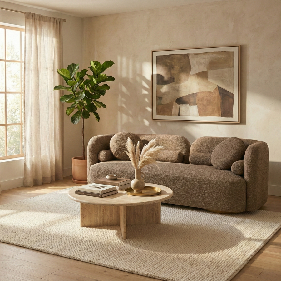 Fika Premium Boucle Fabric Sofa styled in a warm hygge living room setting