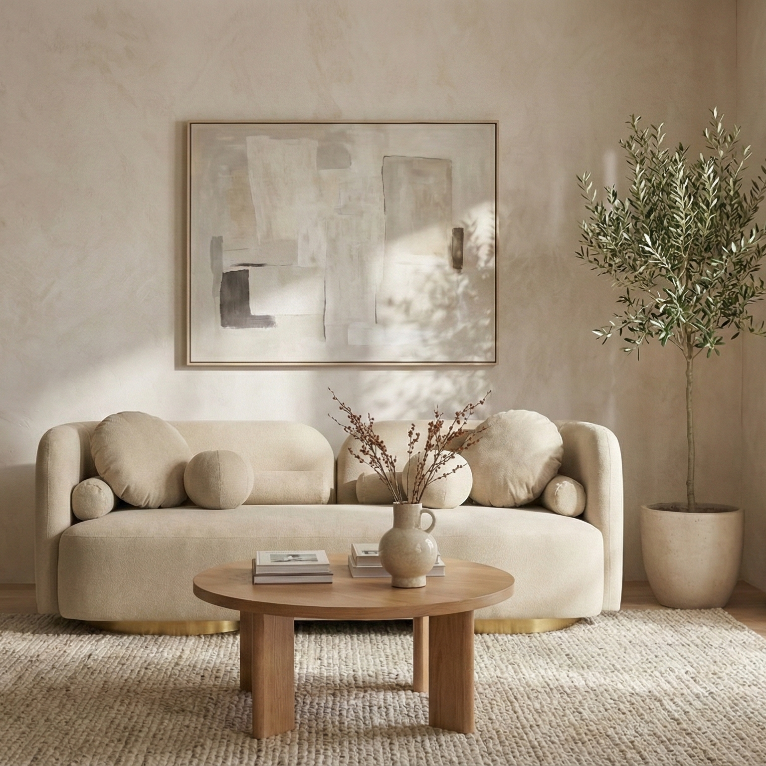 Fika Premium Mohair Fabric Sofa in beige by Hygge Design House, modern Scandinavian hygge style curved sofa for minimalist living rooms in Vancouver