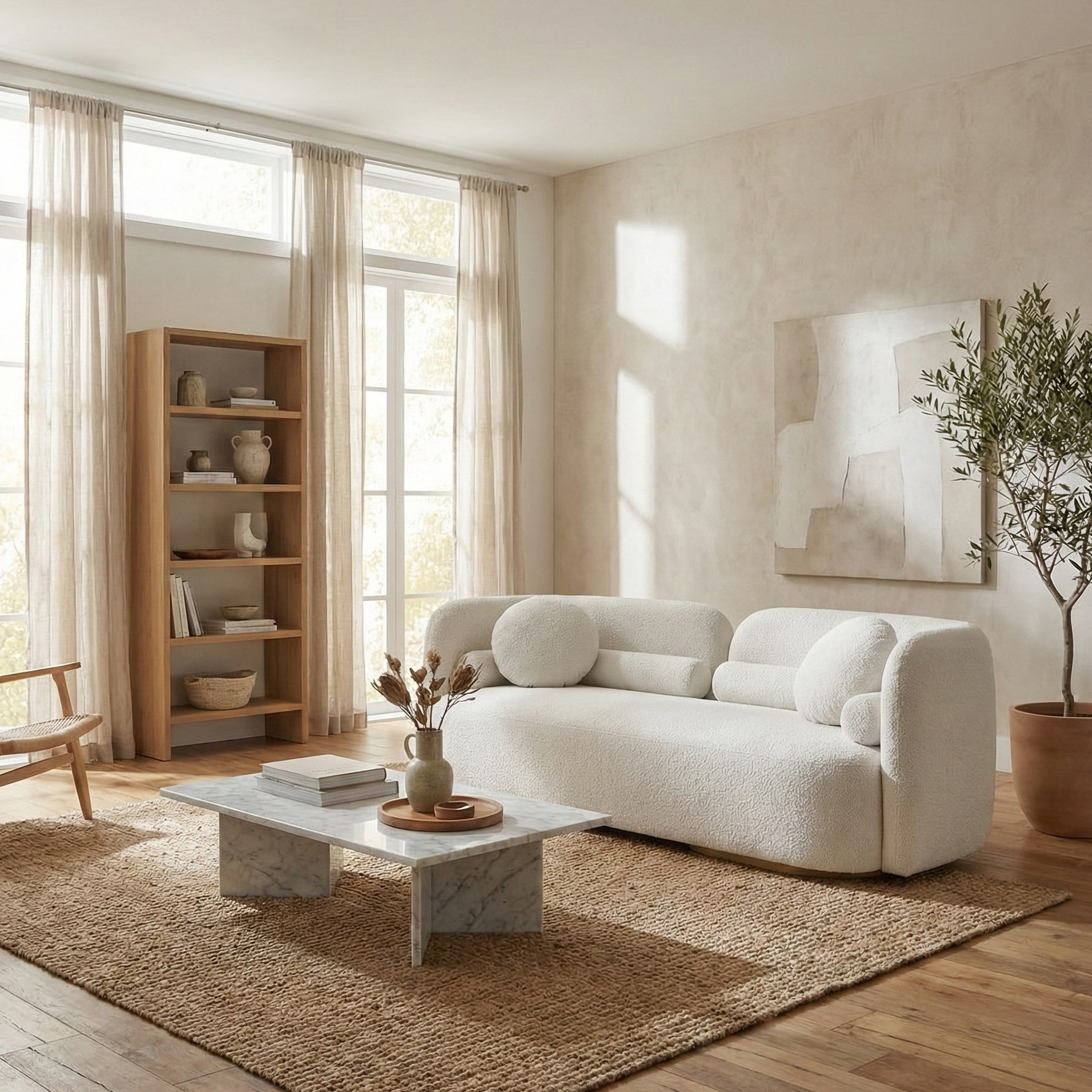 Fika premium boucle fabric sofa in teddy taupe with curved arms and accent cushions front view