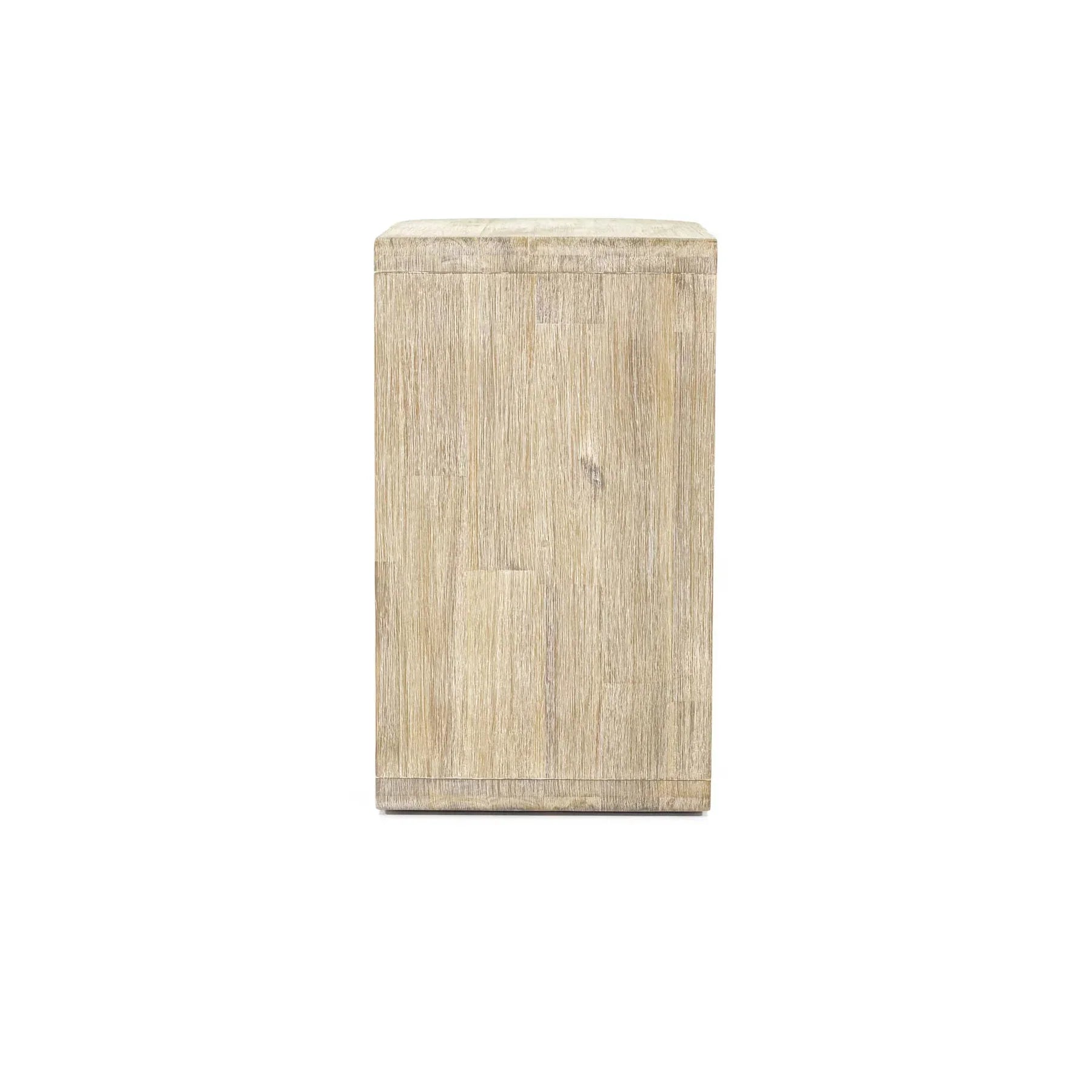 Three-quarter view of a C-shaped side table in light natural oak featuring a cantilevered top and weighted base
