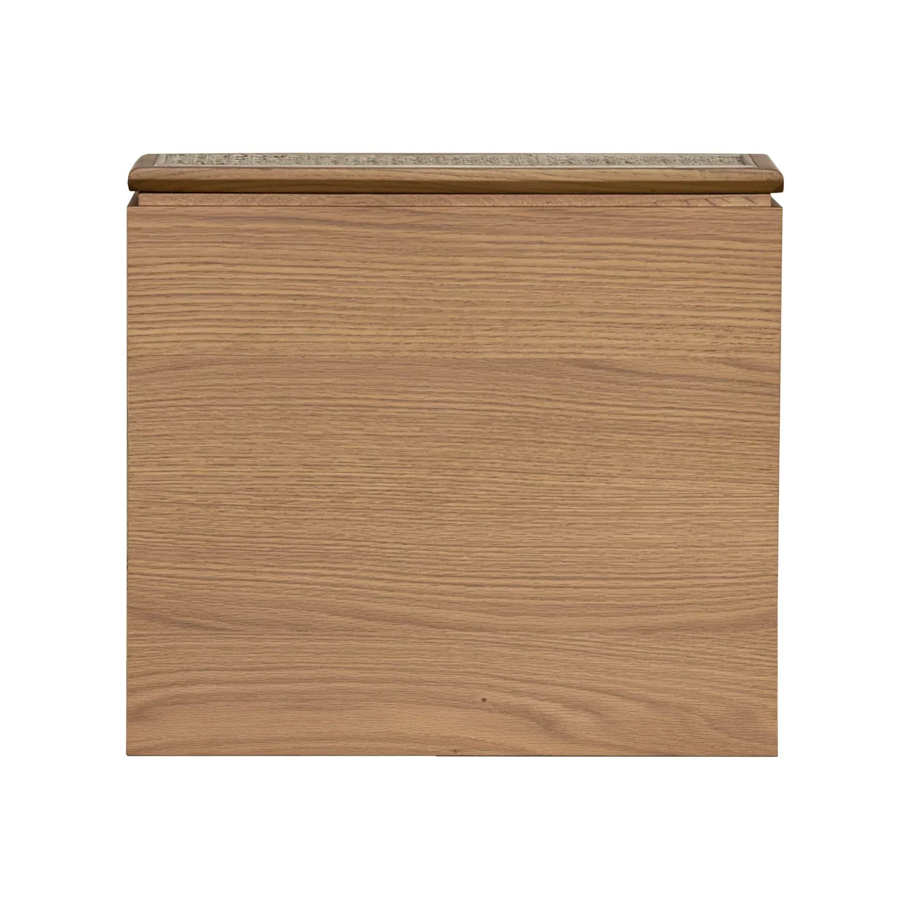 Straight-on front view showcasing the clean lines of the oak frame and the high-contrast white rattan caning