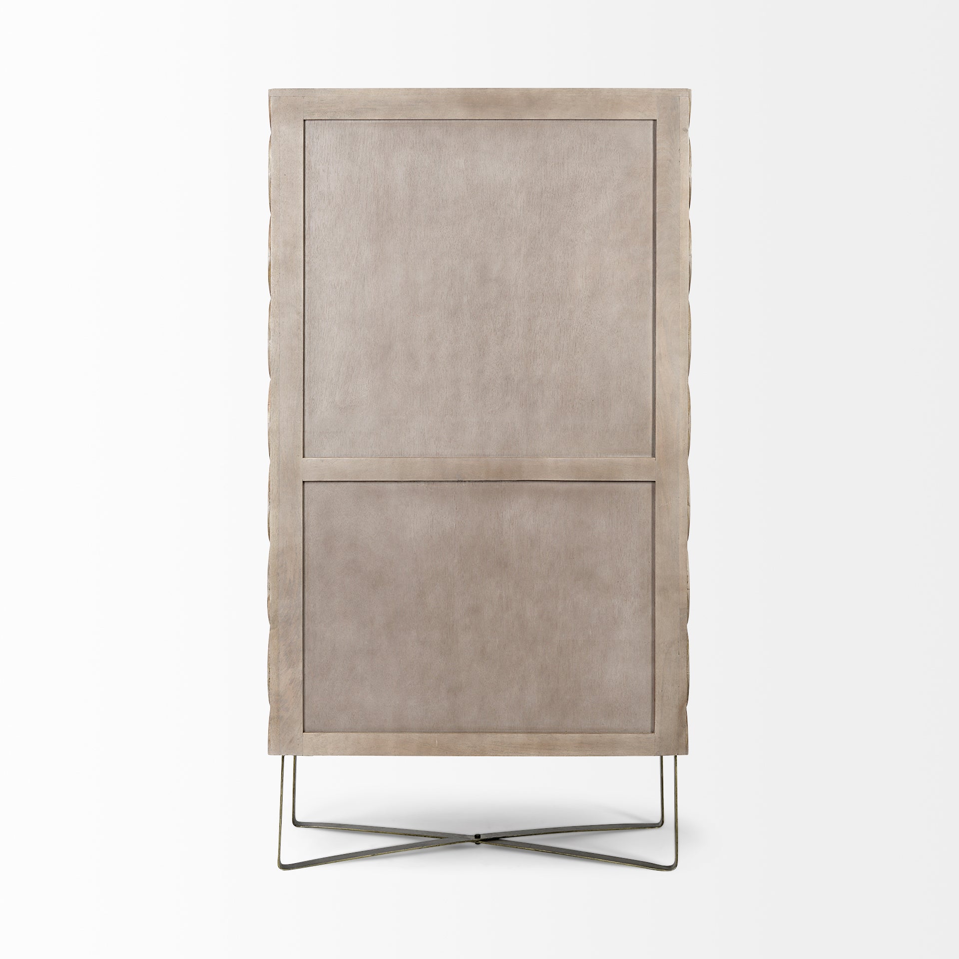 Three-quarter perspective view of the Excelsior II storage cabinet featuring a light brown wood finish, a decorative scalloped motif on the doors, and a gold iron X-base