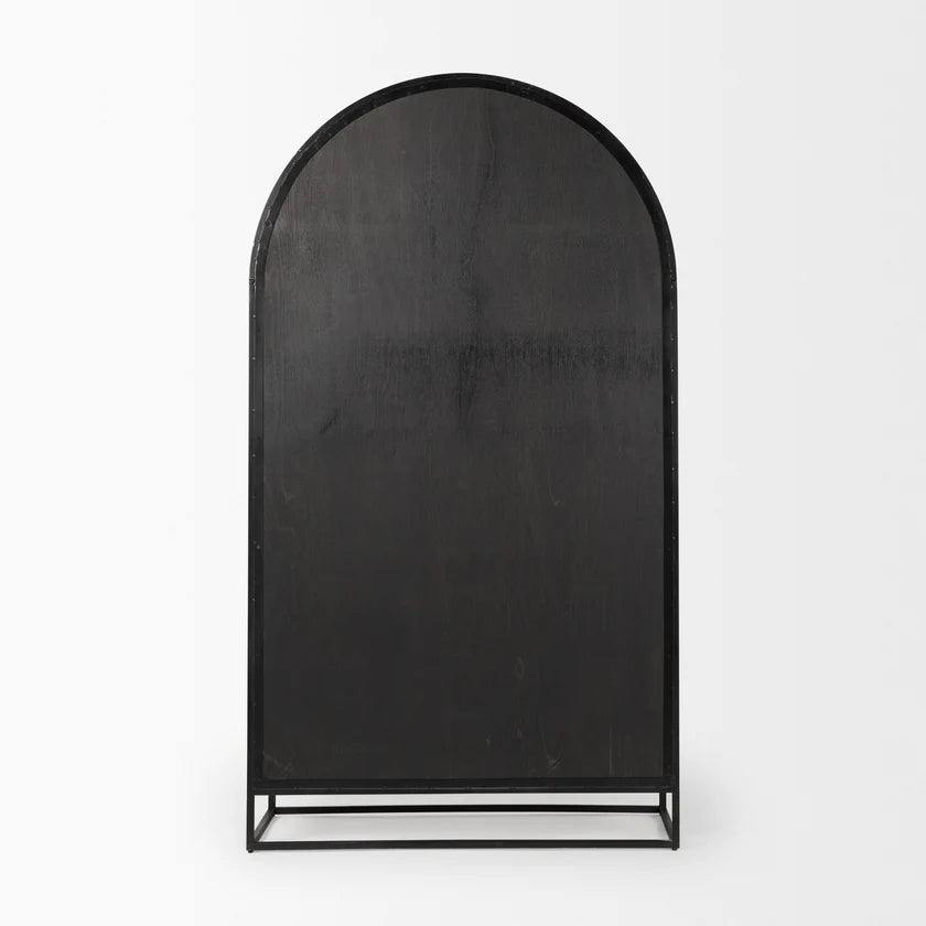 Straight-on front view of the Sloan arch cabinet featuring a matte black finish and natural wood interior shelves
