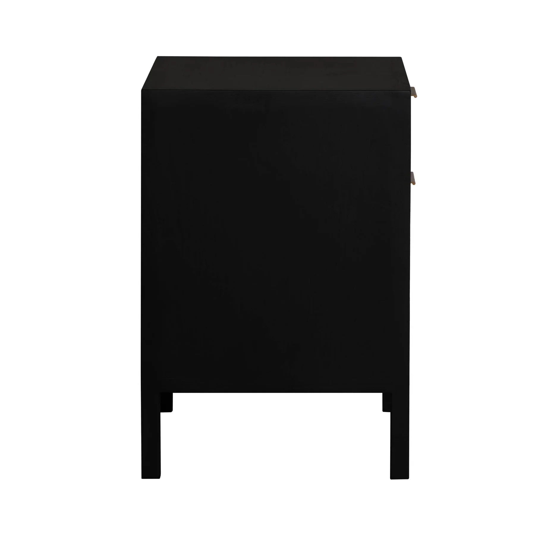 Straight-on front view highlighting the symmetrical black frame and the organic texture of the light-toned rattan drawer inserts
