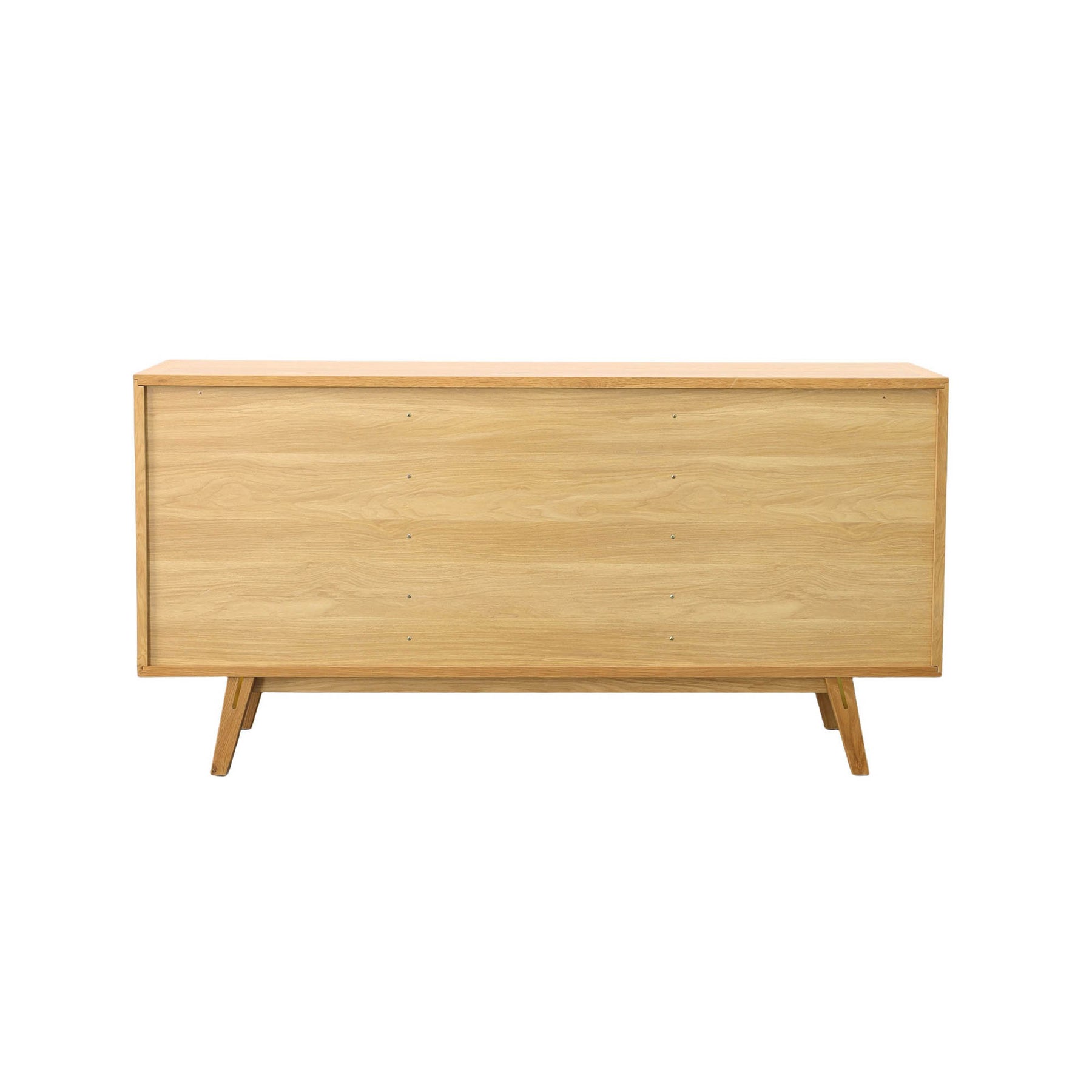 Straight-on front view of the Colton sideboard featuring a light natural oak finish and intricate herringbone parquet patterns across three cabinet doors