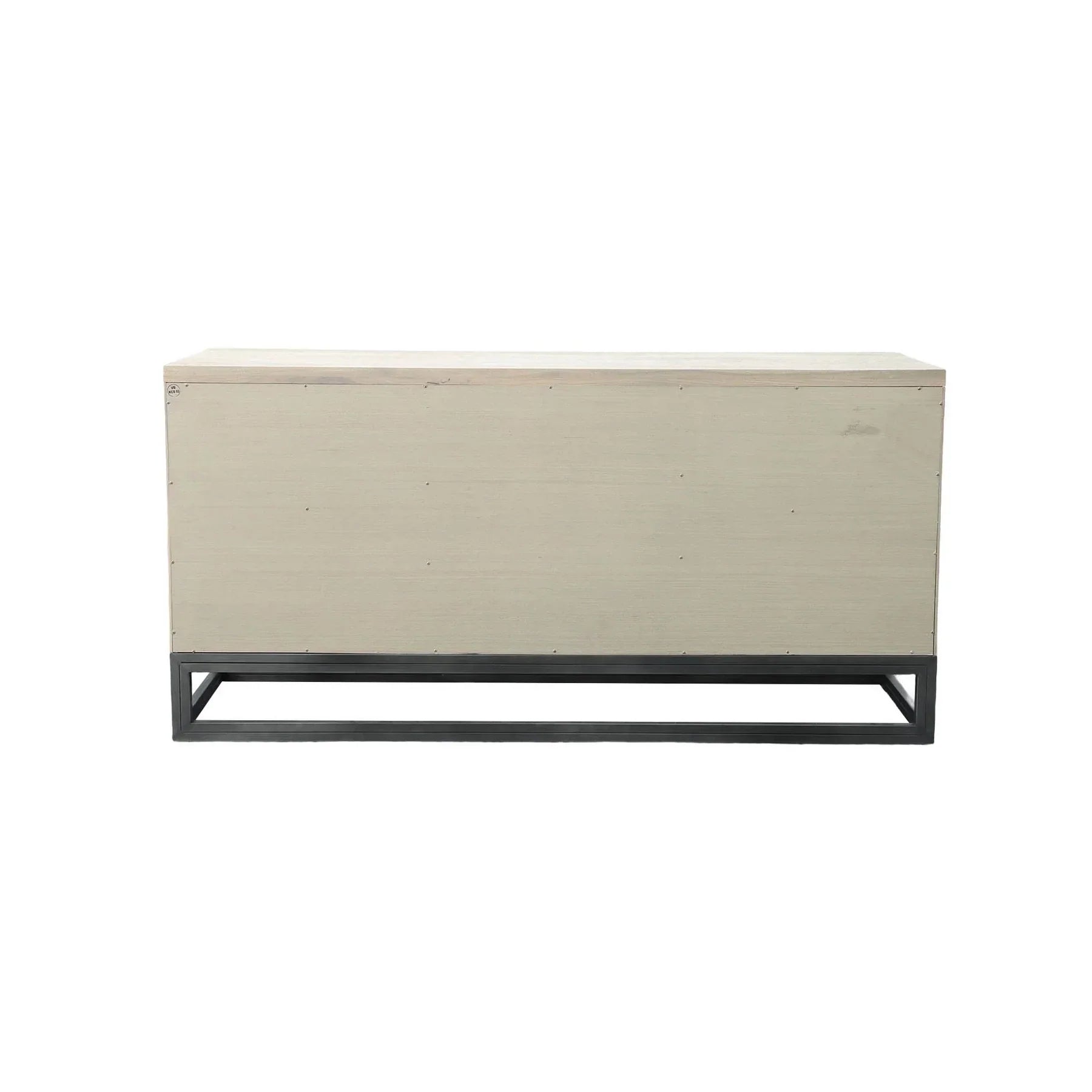 Front perspective view of the Starlight sideboard featuring a white ash wood finish, six storage drawers, and a black industrial metal sled base