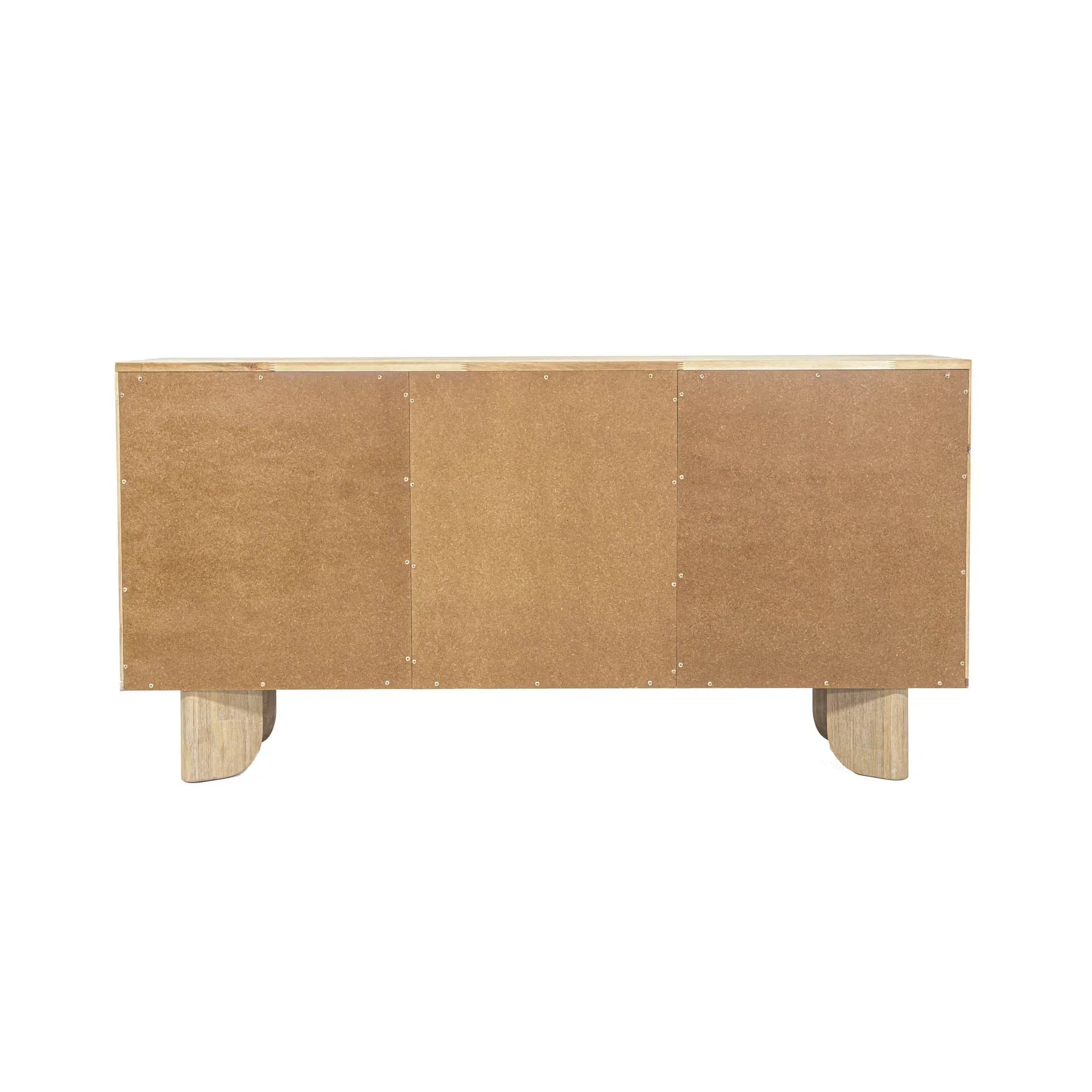 Front perspective view of the Haru sideboard in a light oak finish featuring unique rounded door and drawer panels with a minimalist plinth base