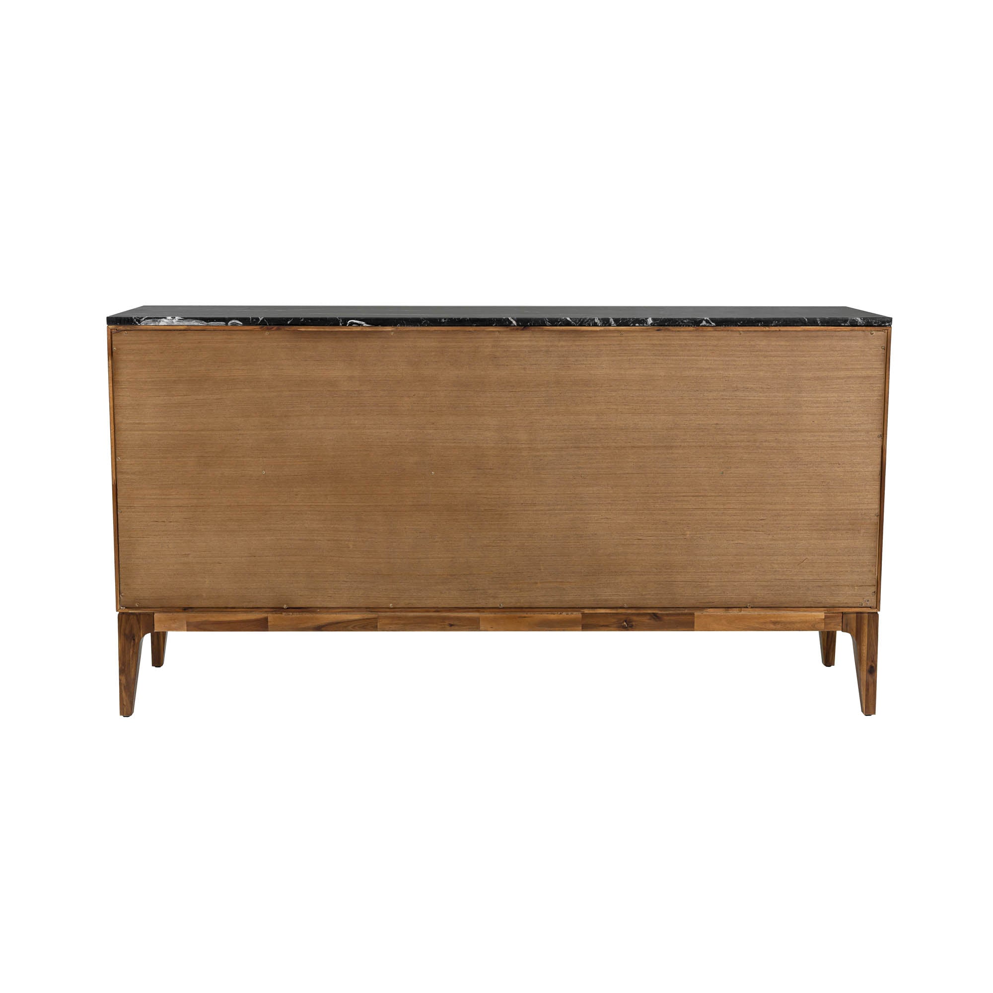 Straight-on front view highlighting the symmetrical wood grain patterns across the three storage doors and the slim gold handles