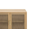 Close-up shot focusing on the transition between the textured fluted glass panel and the smooth oak wood frame
