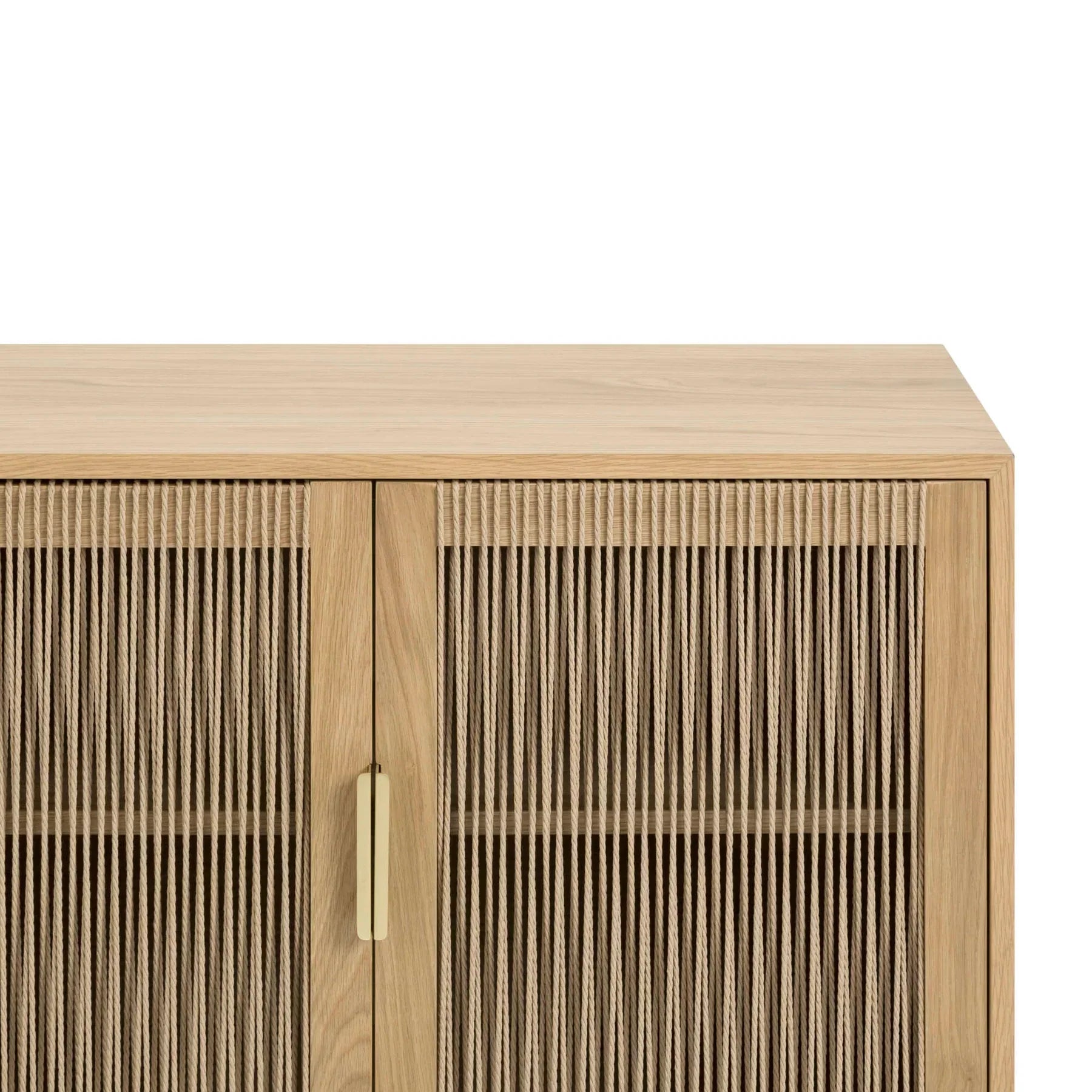 Front perspective view of the Lumina 4-door sideboard featuring a light oak wood frame, fluted glass door panels, and elegant vertical gold metal handles