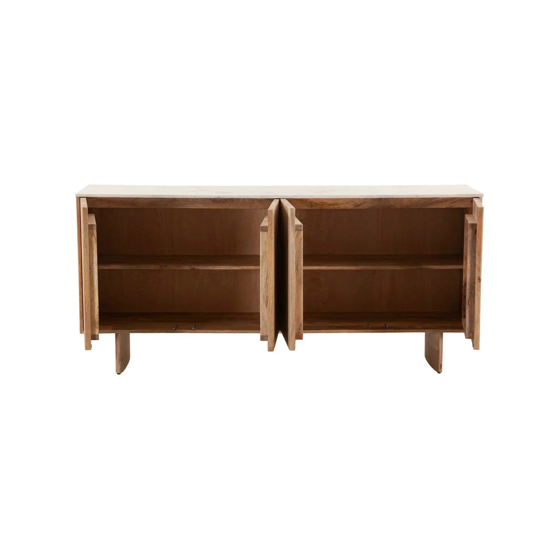 Front perspective view of the Hedron sideboard featuring vertical fluted oak wood panels and a white marble top surface