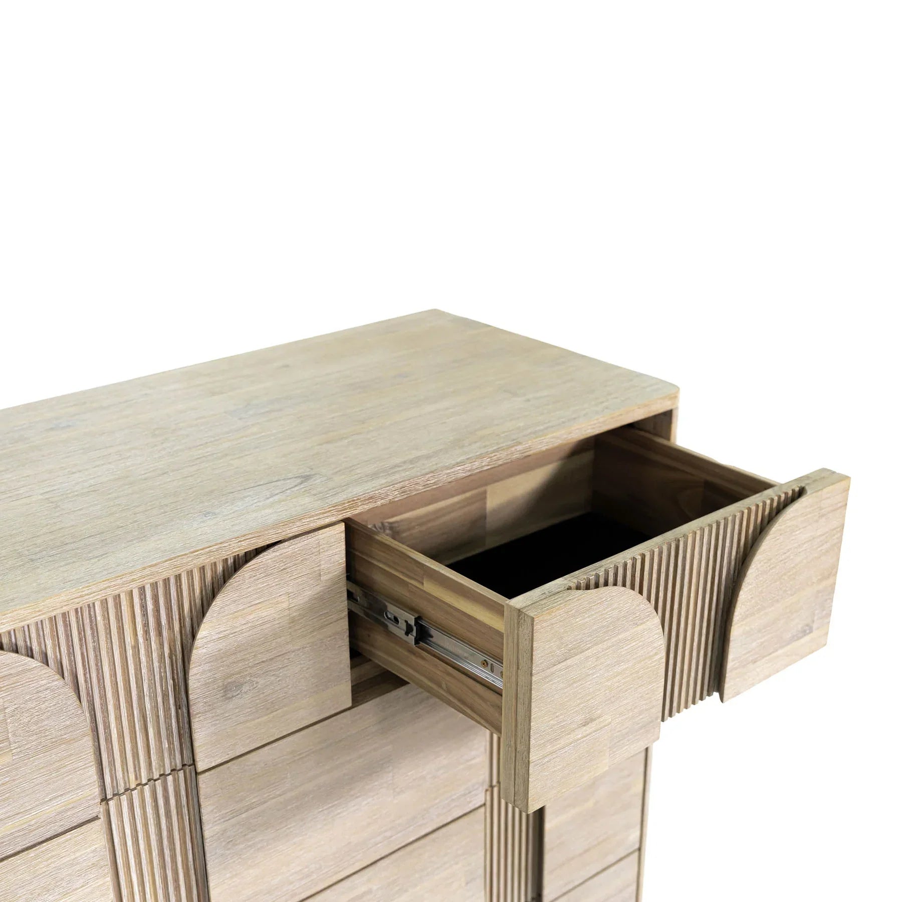 Front view of the Haru 5-drawer vertical chest featuring a light white oak finish and unique fluted facade with soft rounded paneling