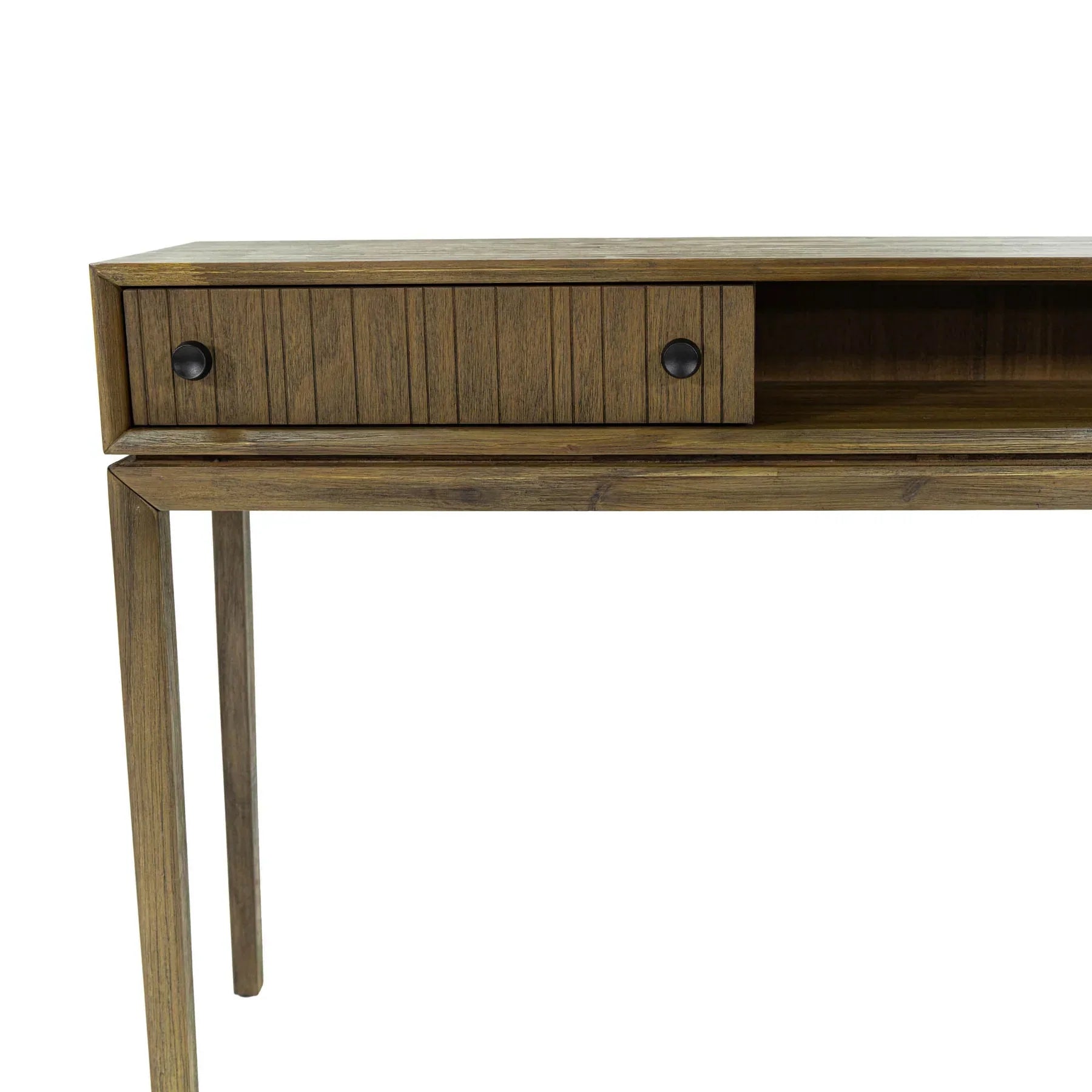 Front view of the West console table in a rich wood finish featuring a slim architectural frame, an integrated drawer with fluted texture, and an open storage cubby
