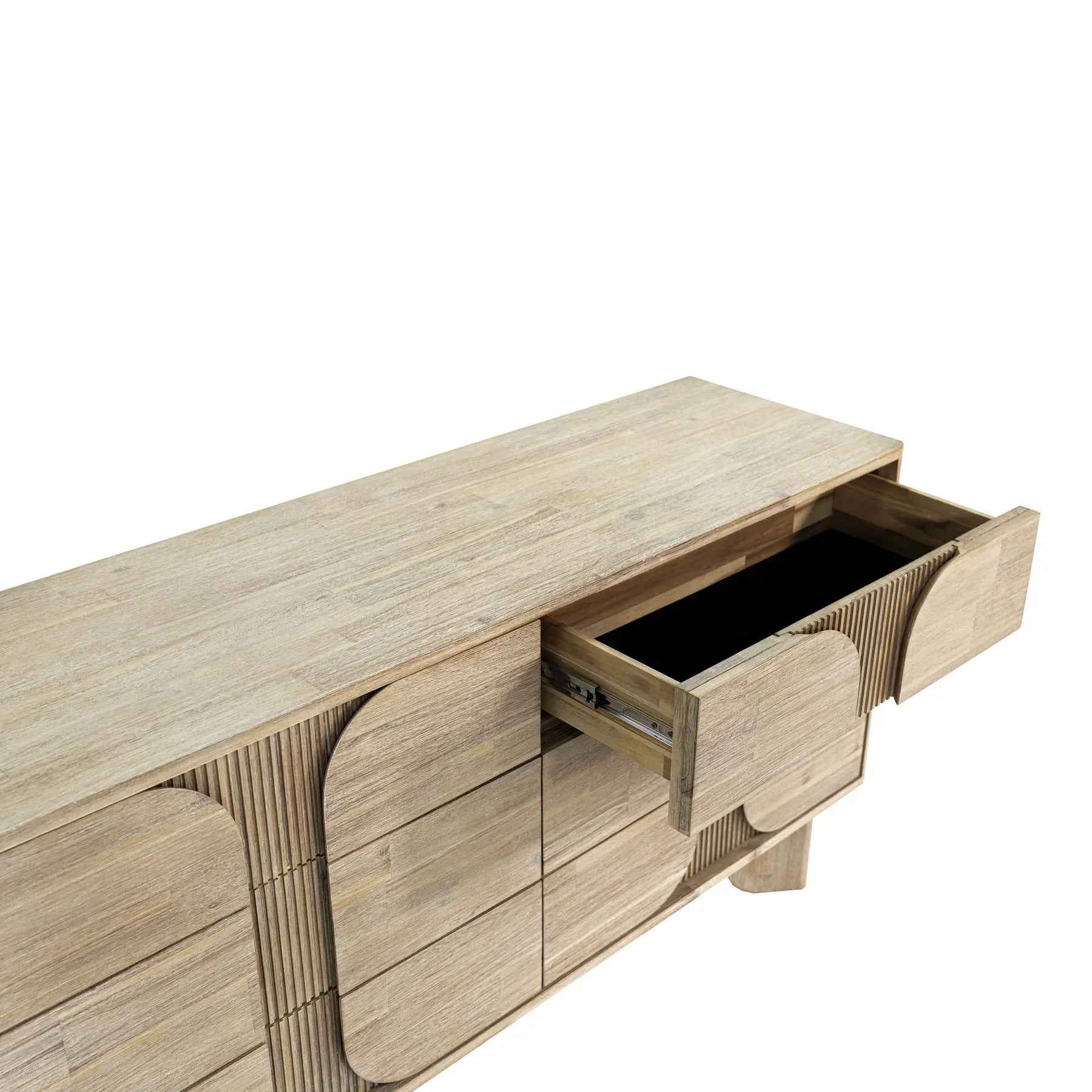 Front view of the Haru double dresser featuring a light white oak finish and a unique fluted facade with soft rounded paneling
