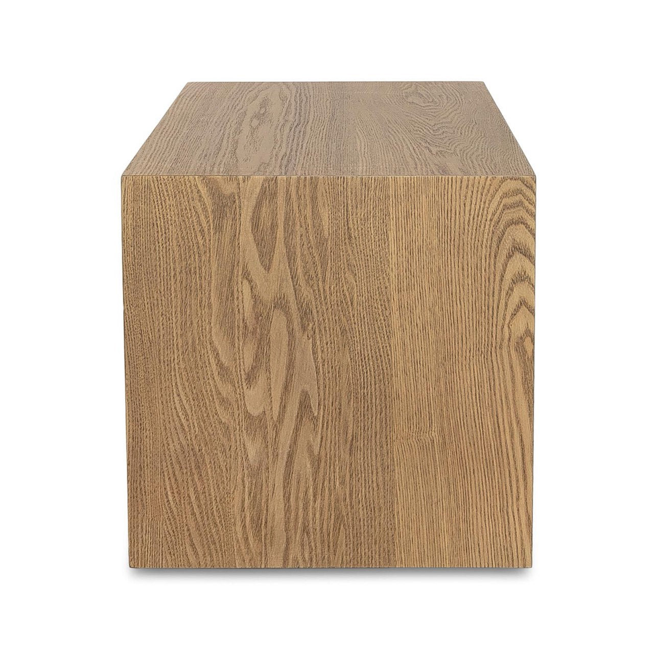 Front view of the Forest coffee ottoman featuring a cream upholstered rectangular bench with a nested blonde oak waterfall table