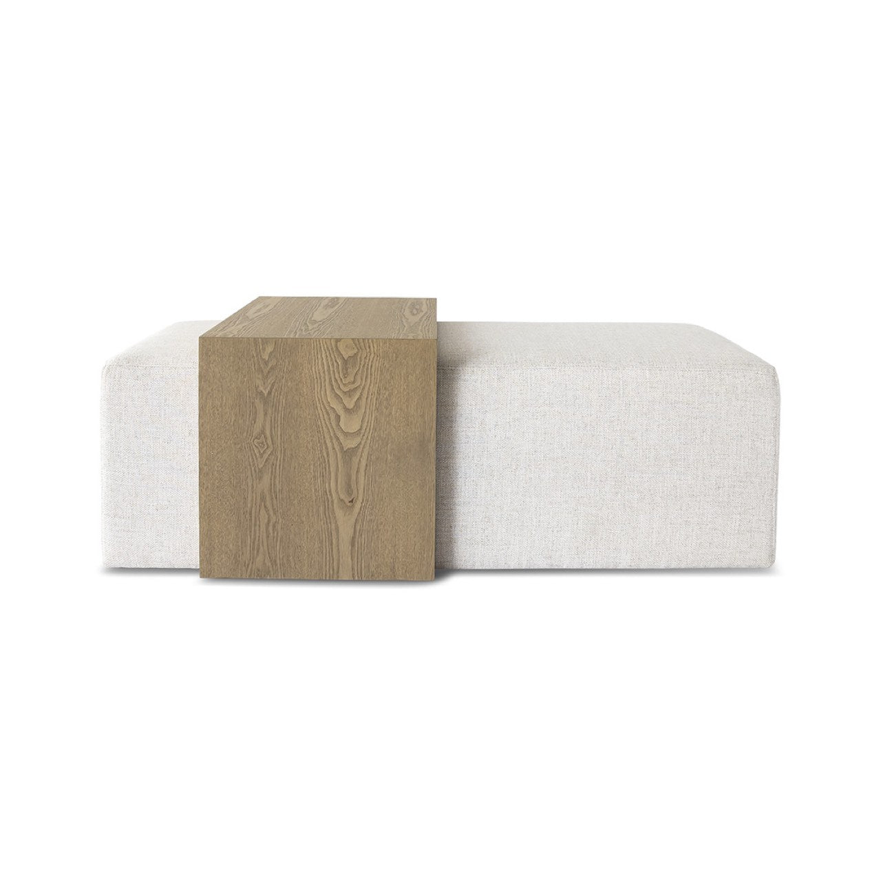 Front view of the Forest coffee ottoman featuring a cream upholstered rectangular bench with a nested blonde oak waterfall table