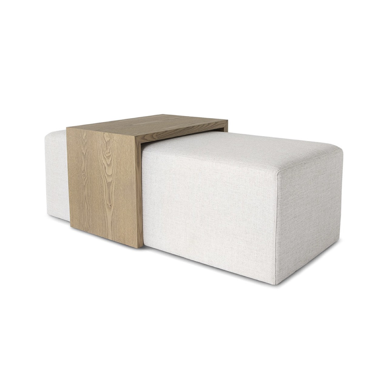Front view of the Forest coffee ottoman featuring a cream upholstered rectangular bench with a nested blonde oak waterfall table
