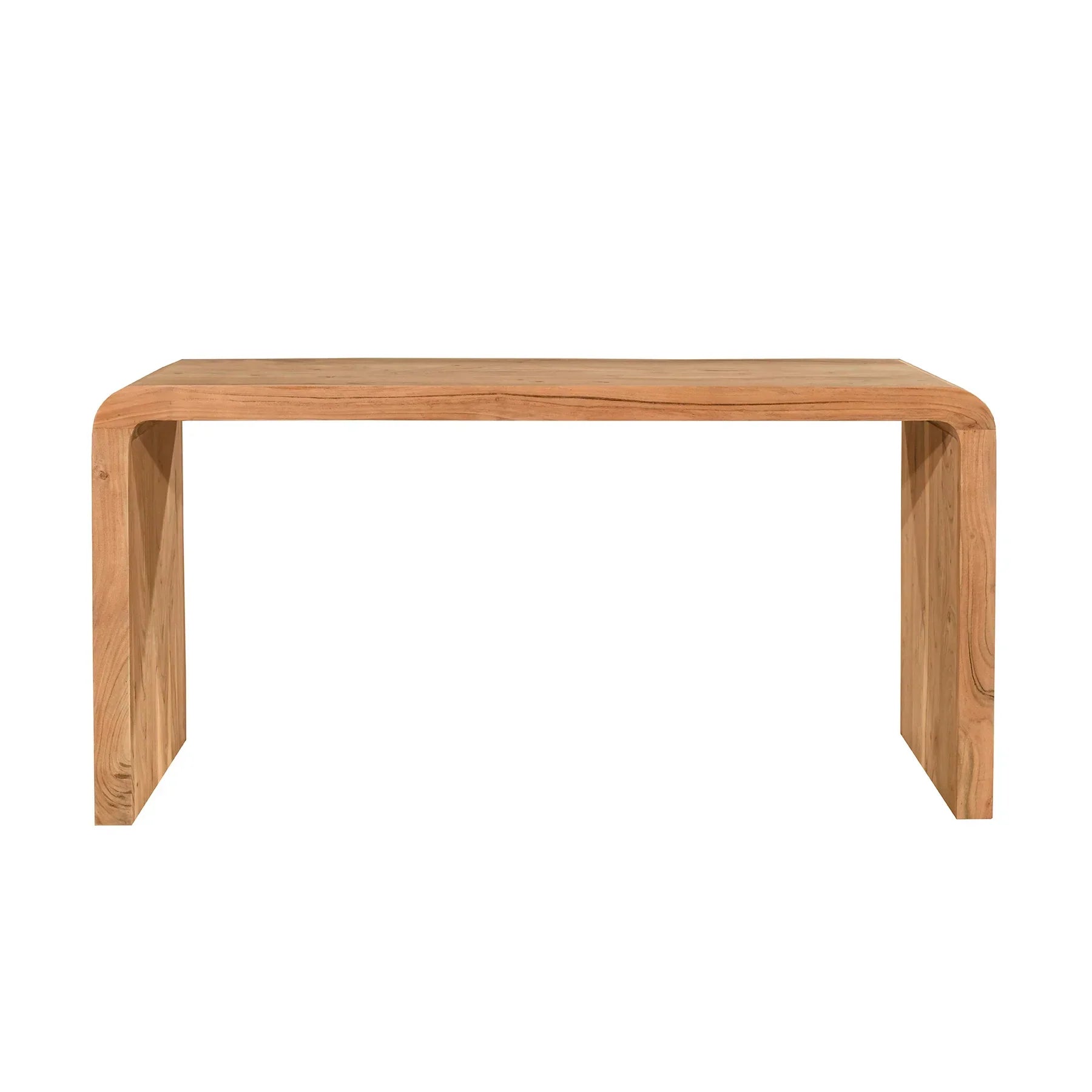 Front view of the Form Curve console table featuring a seamless waterfall edge design in natural oak with a smooth continuous wood grain