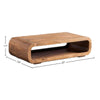 Product shot of the Form curve table with dimensional markers for height, width, and depth