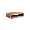 Perspective shot highlighting the seamless rounded waterfall edges and warm natural wood grain of the coffee table