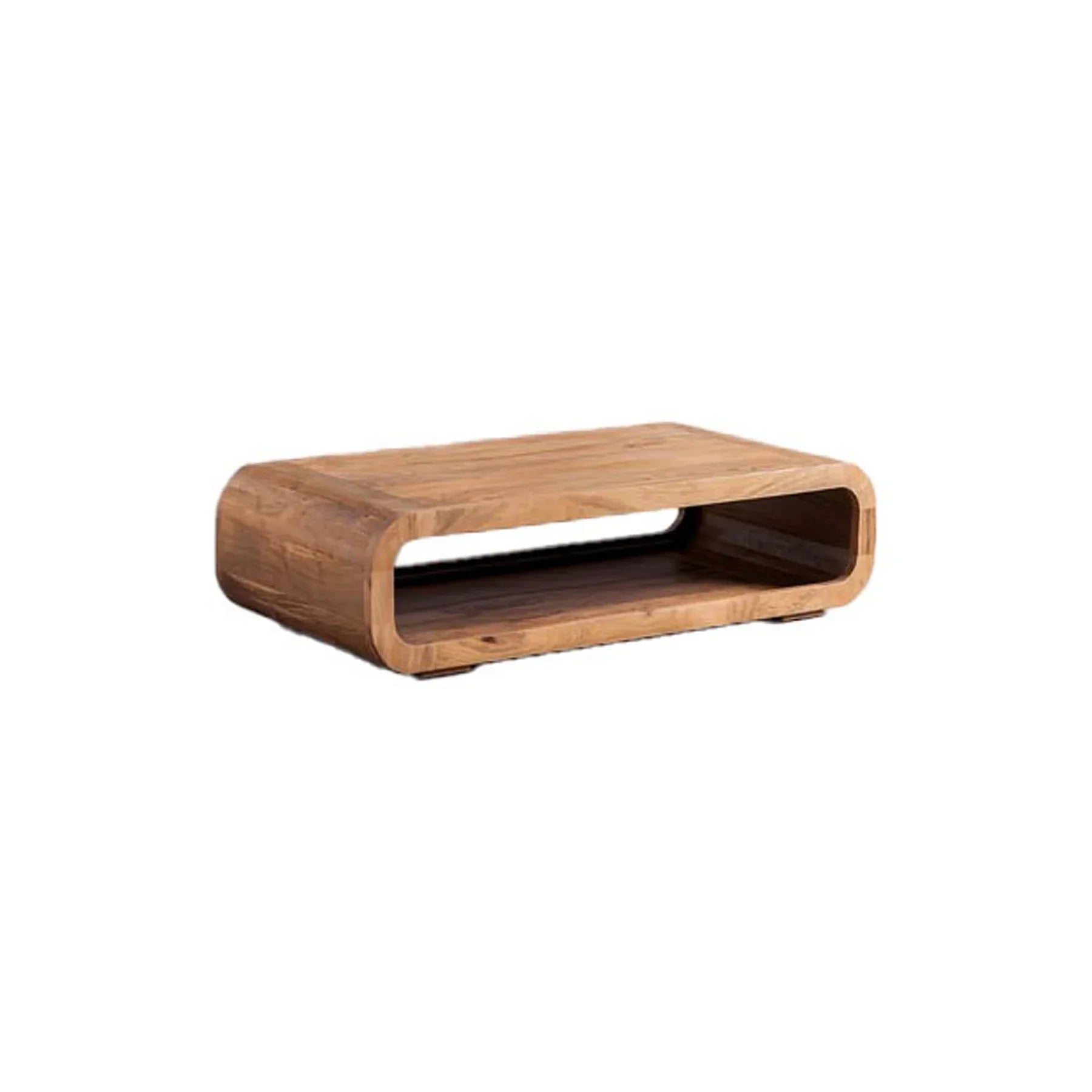 Perspective shot highlighting the seamless rounded waterfall edges and warm natural wood grain of the coffee table