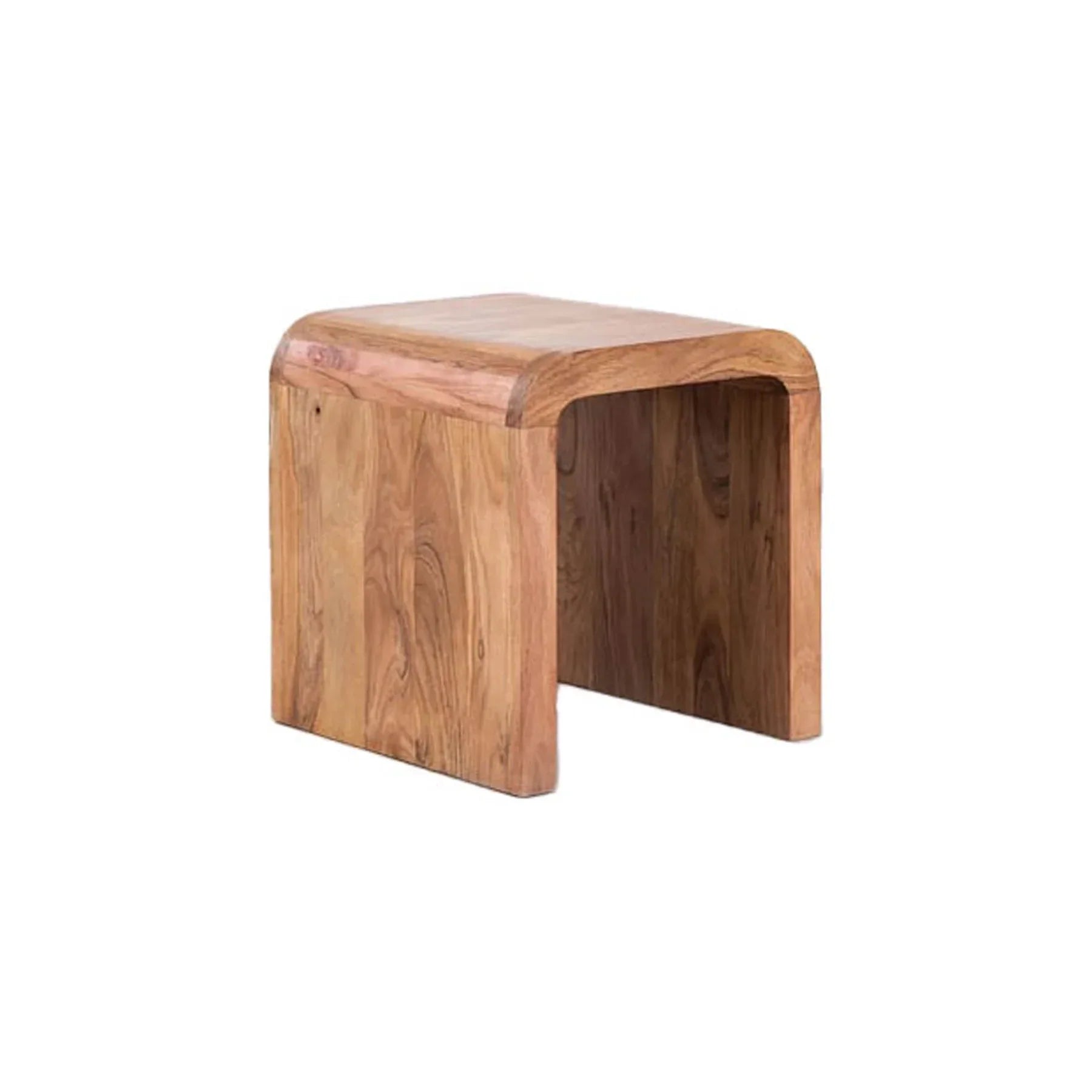 Three-quarter view of the Form Curve side table featuring a seamless waterfall edge design and rich natural wood grain in a U-shaped silhouette