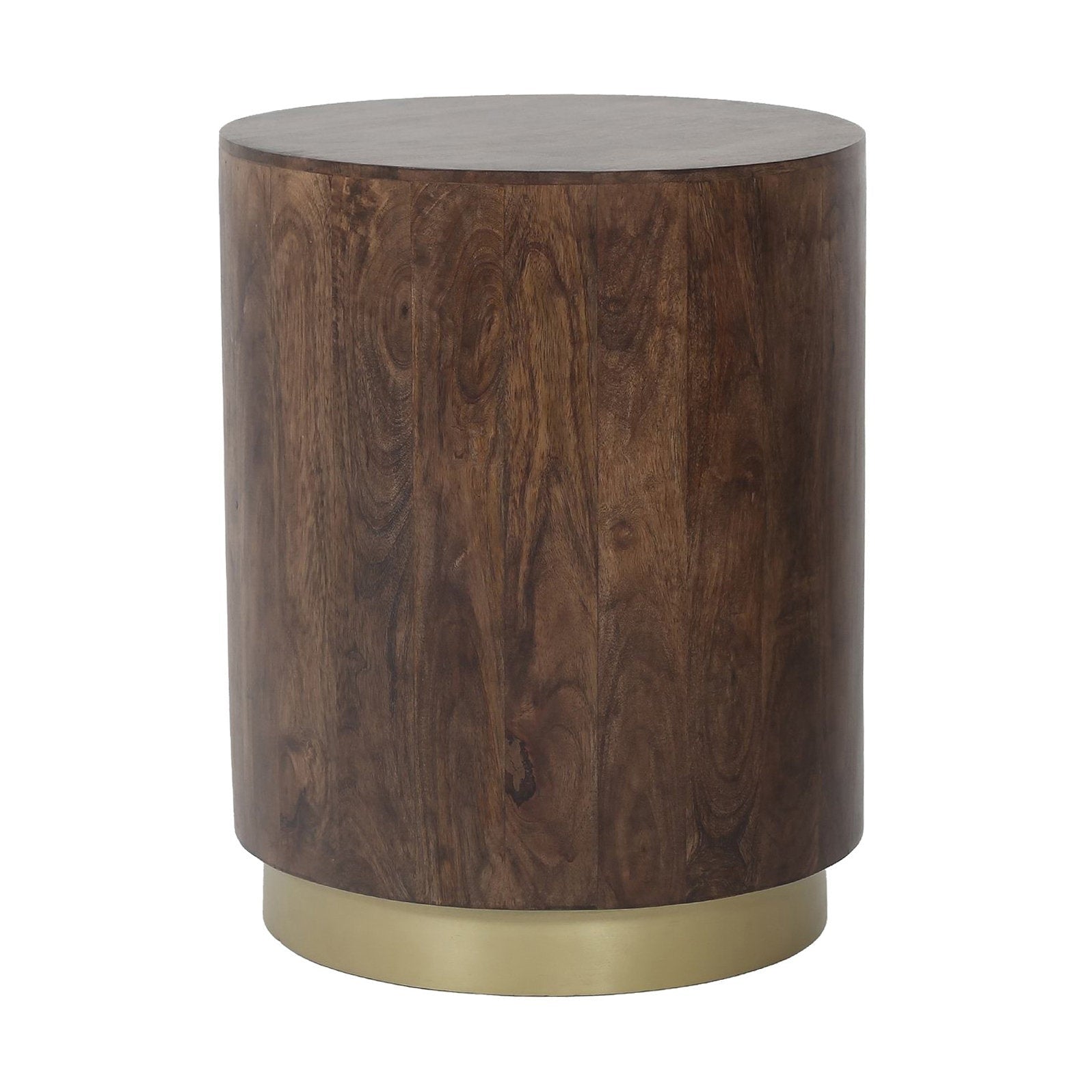 Form drum side table in rich walnut wood with a brushed brass pedestal base