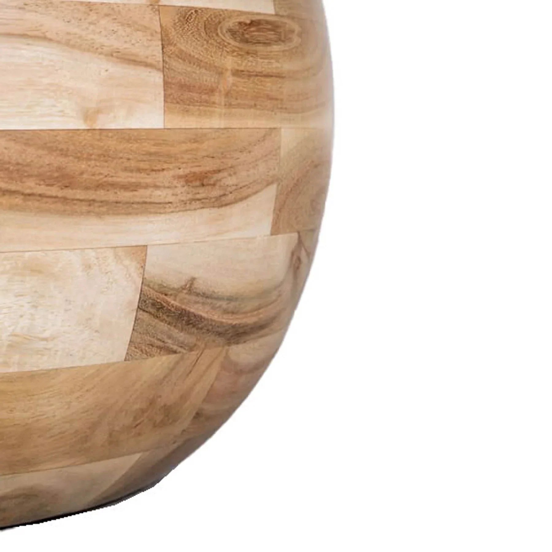 Macro view focusing on the intricate natural wood grain patterns and joinery of the sphere pedestal base