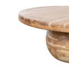 Close-up perspective highlighting the smooth tapered edge of the circular tabletop and spherical base