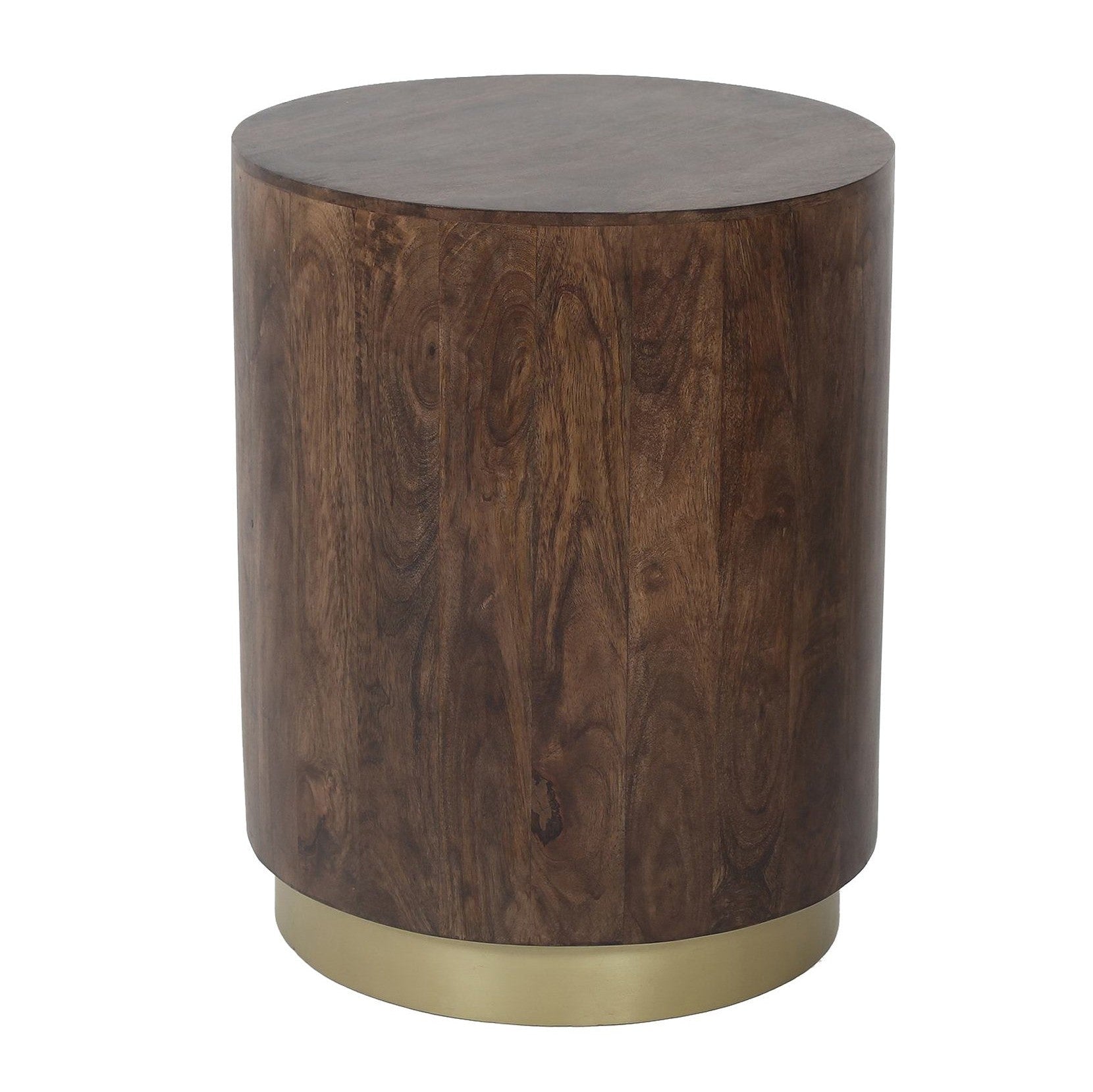 Form drum side table in rich walnut wood with a brushed brass pedestal base