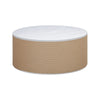 Perspective view highlighting the clean white tabletop and the textured cylindrical jute pedestal base