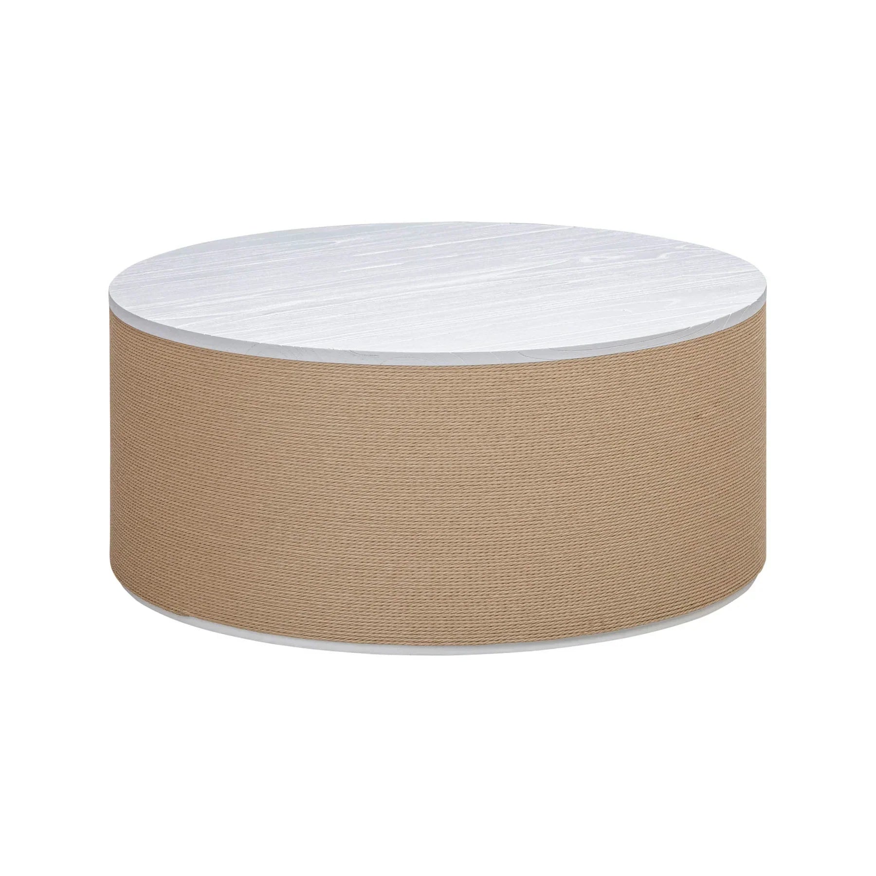 Front view of the Fresco coffee table featuring a circular white wood top and a drum-style base wrapped in natural tan jute fiber