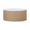 Front view of the Fresco coffee table featuring a circular white wood top and a drum-style base wrapped in natural tan jute fiber