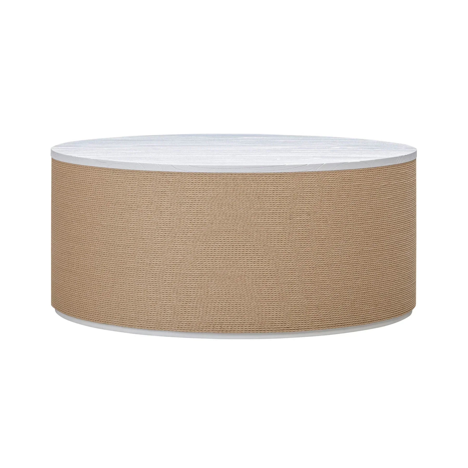 Front view of the Fresco coffee table featuring a circular white wood top and a drum-style base wrapped in natural tan jute fiber