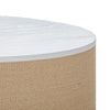 Close-up shot focusing on the transition between the smooth white wood tabletop edge and the woven jute base