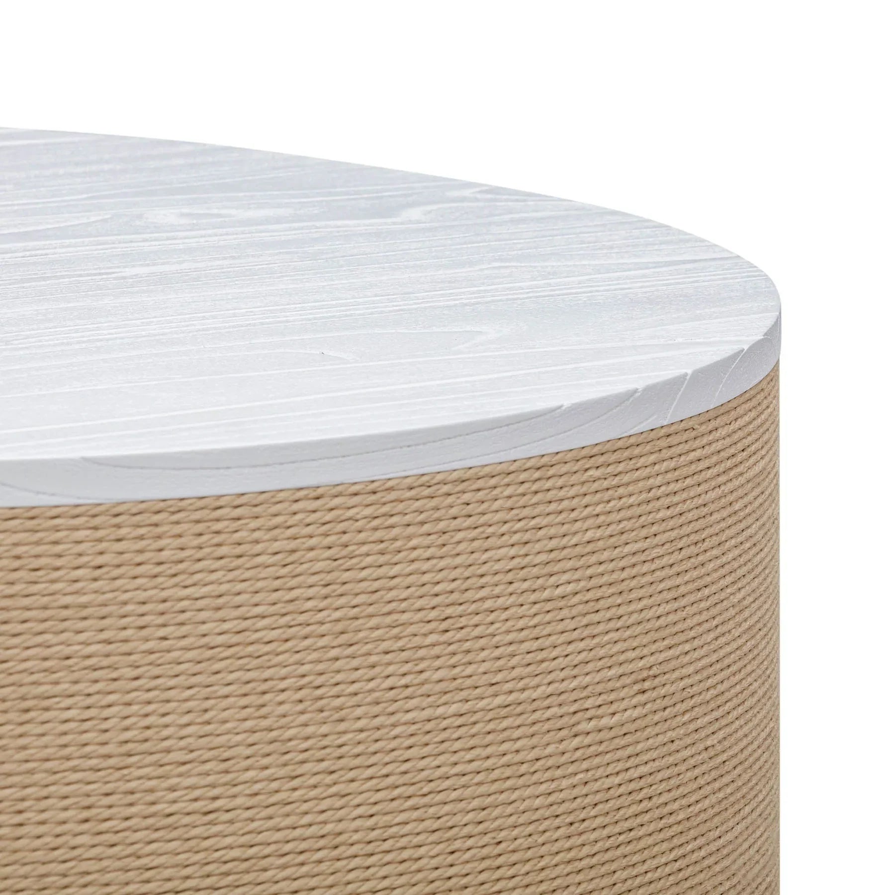 Front view of the Fresco coffee table featuring a circular white wood top and a drum-style base wrapped in natural tan jute fiber