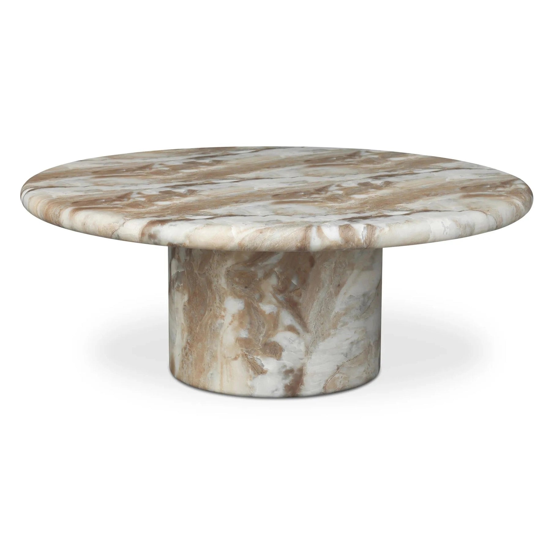 Front view of the Frida round outdoor coffee table featuring a thick brown marble top and a solid cylindrical pedestal base with natural mineral veining
