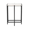 Front view of the Function side table featuring a rectangular white marble top supported by a slim minimalist black metal frame