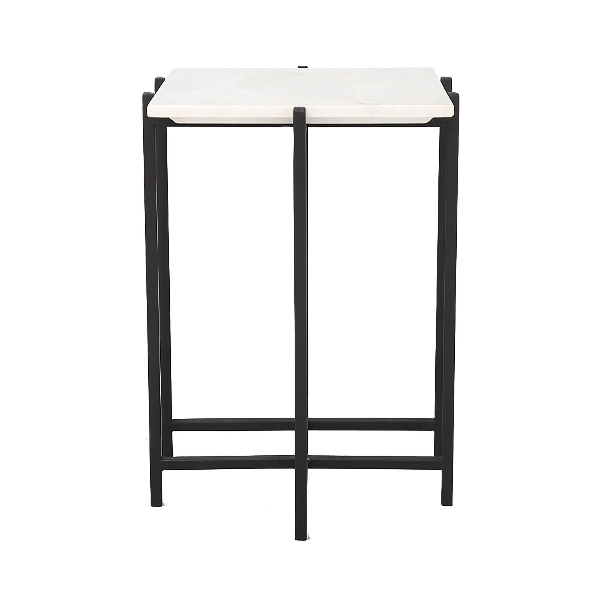Front view of the Function side table featuring a rectangular white marble top supported by a slim minimalist black metal frame