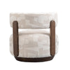 Rear view of the Fynn Accent Chair showcasing the vertical dark pine wood frame supports and circular base.