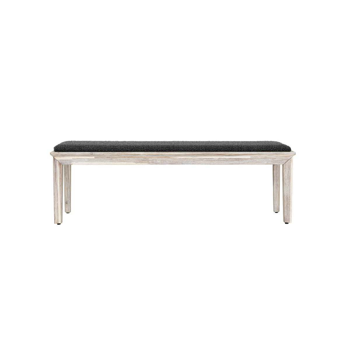 Front view of the Gemini bench featuring a light wood seat and a black metal frame with an X-brace support