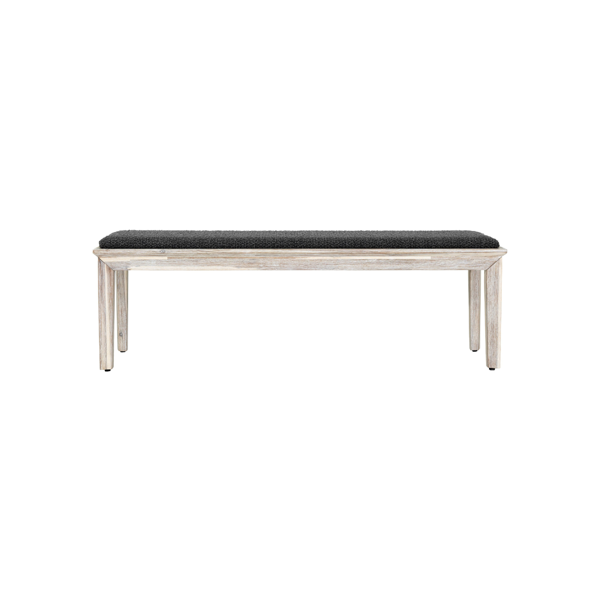 Front view of the Gemini bench featuring a light wood seat and a black metal frame with an X-brace support