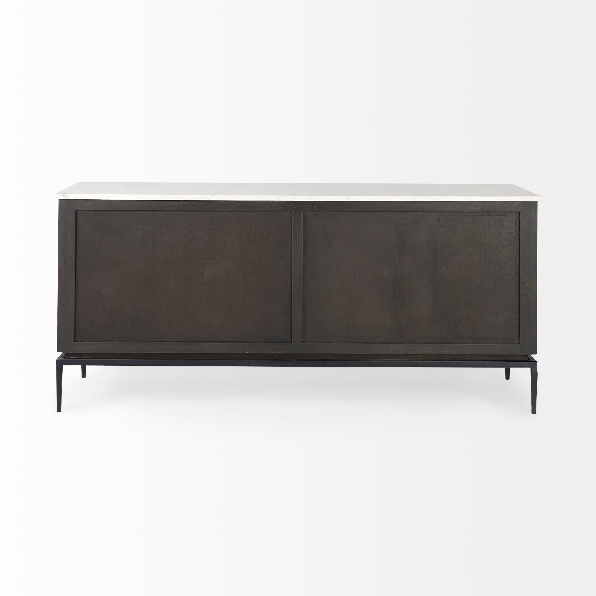 Front perspective view of the Gemma sideboard featuring a dark charcoal wood finish, a white marble top, and slim black metal legs