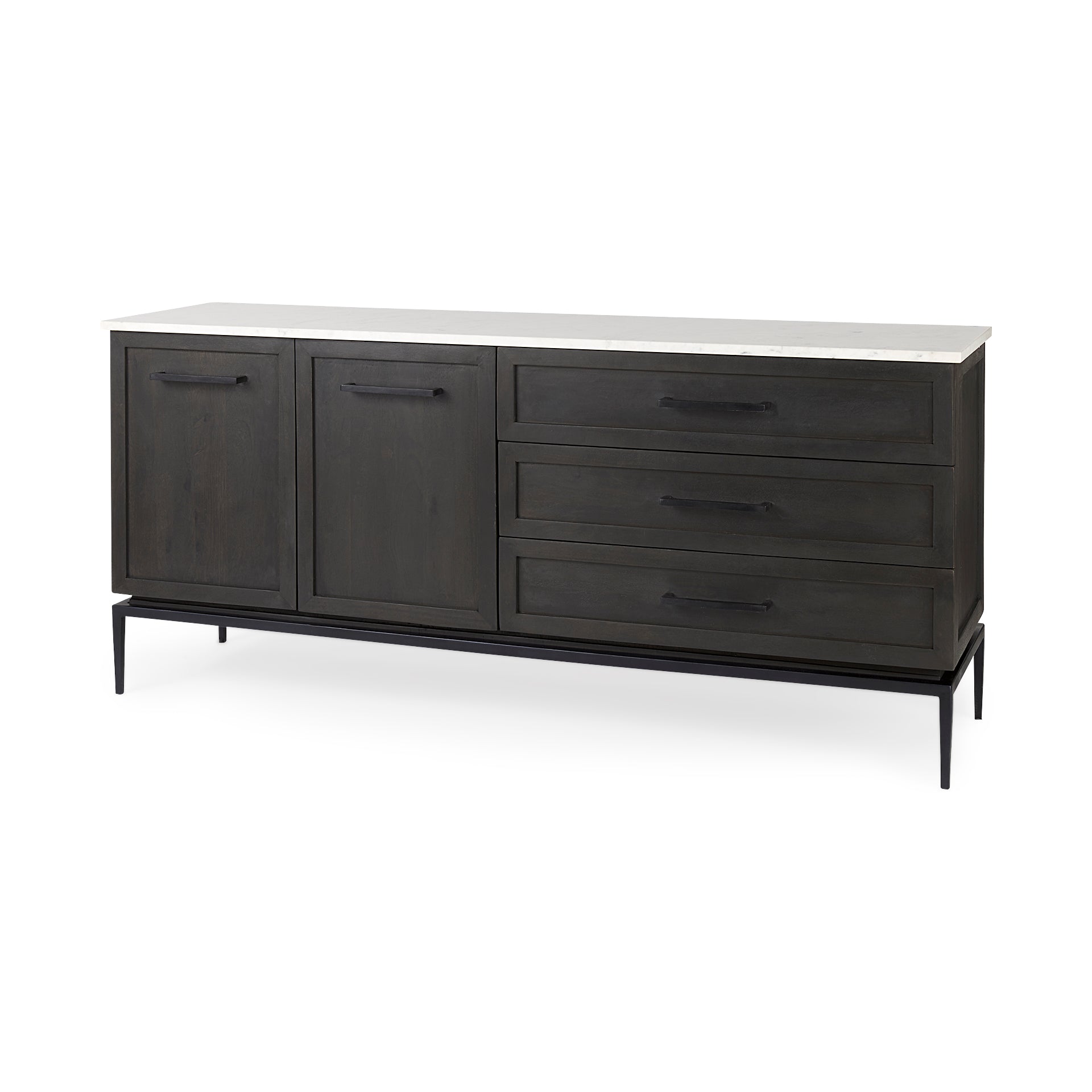 Front perspective view of the Gemma sideboard featuring a dark charcoal wood finish, a white marble top, and slim black metal legs