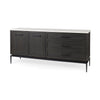 Front perspective view of the Gemma sideboard featuring a dark charcoal wood finish, a white marble top, and slim black metal legs