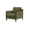 Three-quarter perspective of the olive Gemma chair highlighting the deep seat and structured backrest