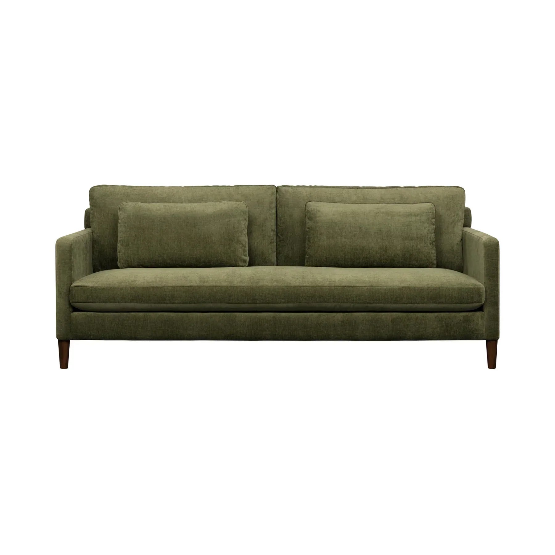 Front view of Gemma olive green sofa with bolster pillows
